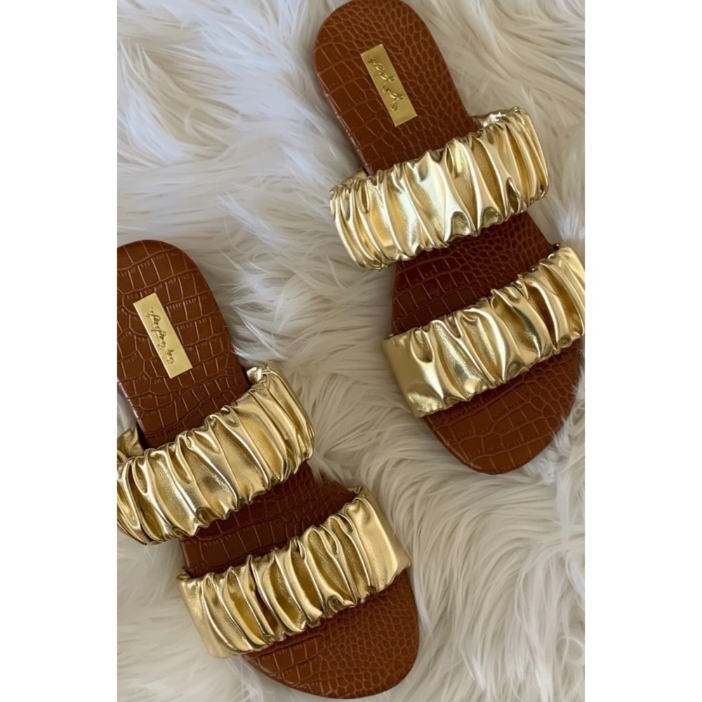 Qupid Gold Ruched Slip On Sandals | Metallic Scrunch Flat Slides - Picture 5 of 9